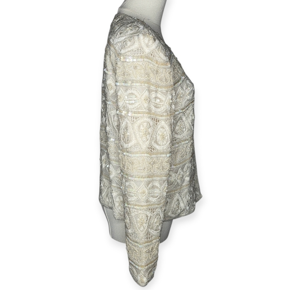 Vintage Scala Silk Beaded Sequin Jacket Ivory Small 80s 90s - Picture 5 of 15
